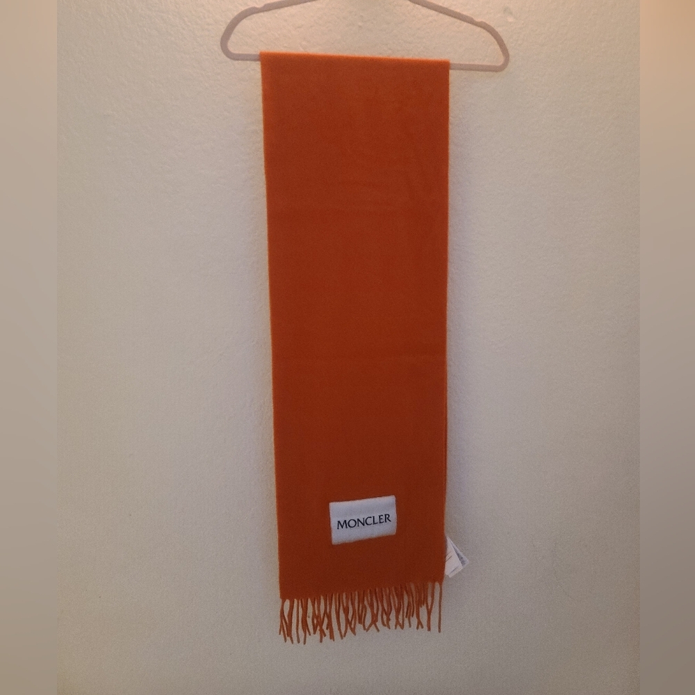 Moncler Logo Scarf 100% Wool Orange New - Picture 2 of 5